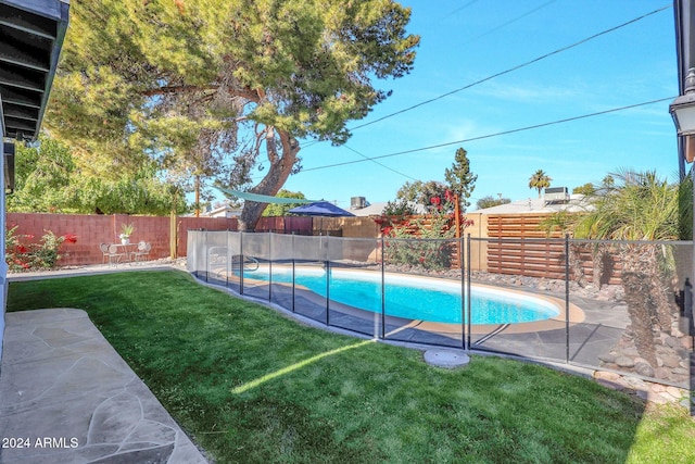 view of swimming pool with a yard