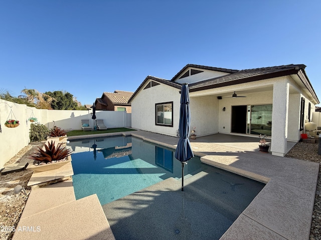 view of pool with a patio area and ceiling fan