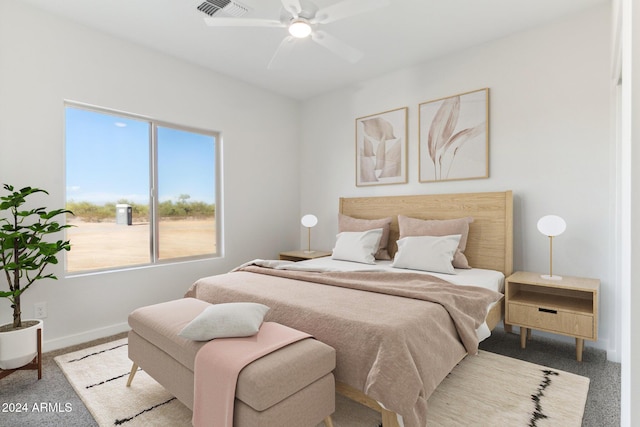 bedroom featuring carpet flooring, ceiling fan, baseboards, and visible vents