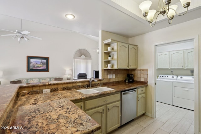 2055 N 56th St Unit 15, Mesa, AZ 85215 - kitchen featuring washer and clothes dryer, dishwasher, a ceiling fan, a chandelier, and lofted ceiling