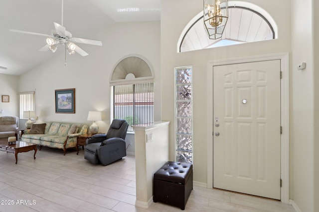 2055 N 56th St Unit 15, Mesa, AZ 85215 - foyer entrance featuring high vaulted ceiling, a ceiling fan, and light wood-type flooring