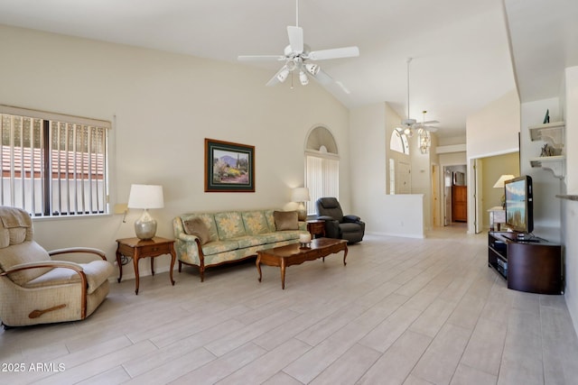 2055 N 56th St Unit 15, Mesa, AZ 85215 - living room with high vaulted ceiling, ceiling fan, and light wood-style flooring