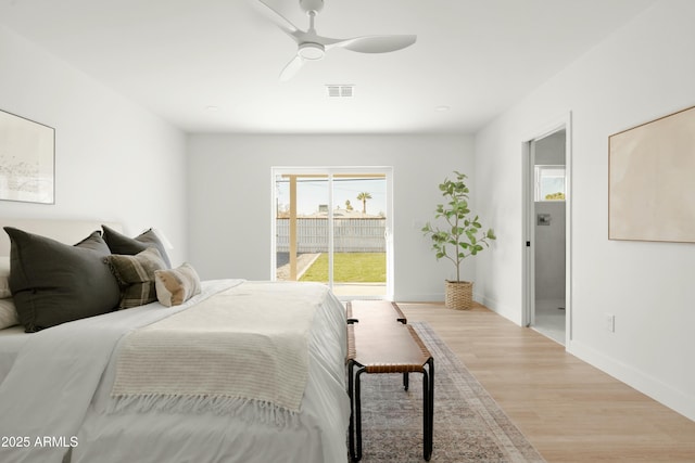 bedroom featuring ceiling fan and light wood-type flooring