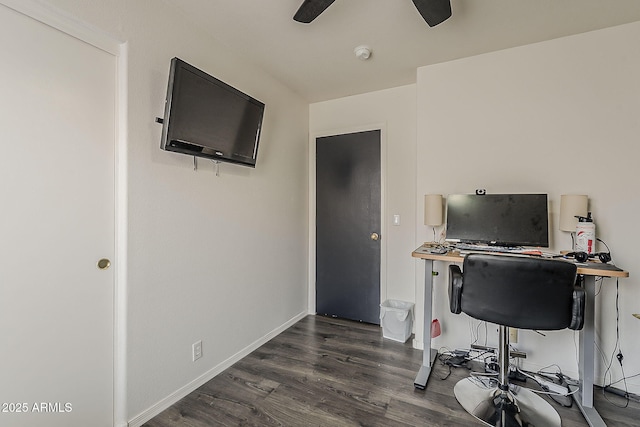 office space with wood finished floors, baseboards, and ceiling fan