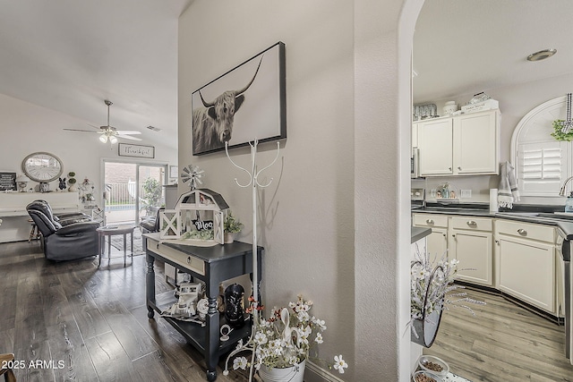 hall featuring a sink, lofted ceiling, wood finished floors, visible vents, and arched walkways