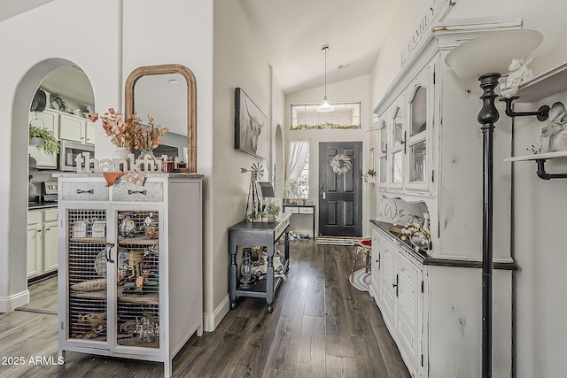 foyer entrance with vaulted ceiling, dark wood-style flooring, baseboards, and arched walkways