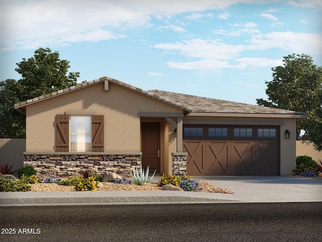 single story home featuring concrete driveway, stucco siding, stone siding, and a garage