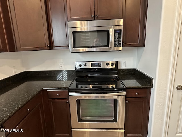 3480 E Sheffield Rd, Gilbert, AZ 85296 - kitchen featuring stainless steel appliances, dark brown cabinetry, and dark stone counters