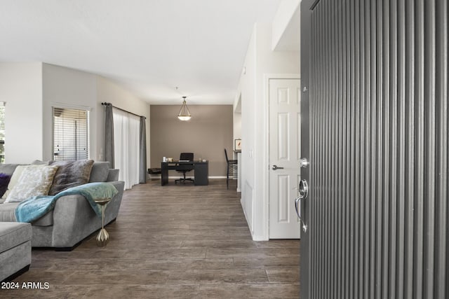 living room featuring dark wood-type flooring