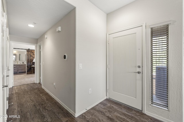 foyer with a barn door and dark wood-type flooring