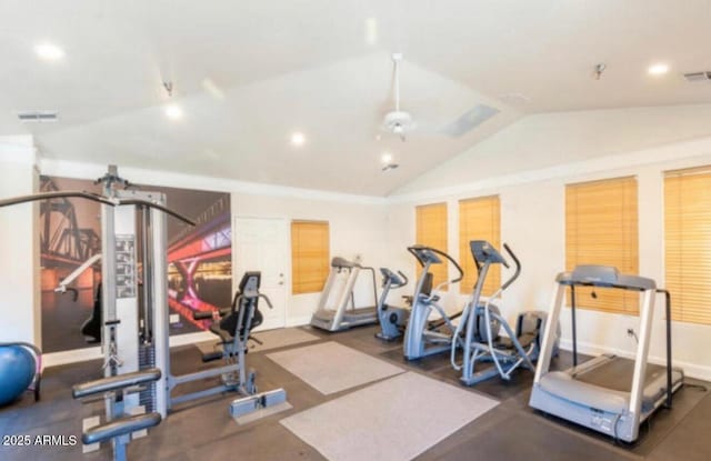2134 E Broadway Rd Unit 1062, Tempe, AZ 85282 - workout area featuring vaulted ceiling, a ceiling fan, and recessed lighting