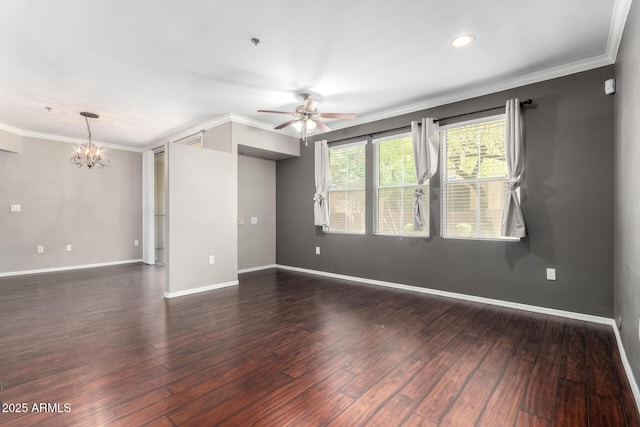 2134 E Broadway Rd Unit 1062, Tempe, AZ 85282 - spare room with a chandelier, ceiling fan, dark wood-type flooring, ornamental molding, and baseboards