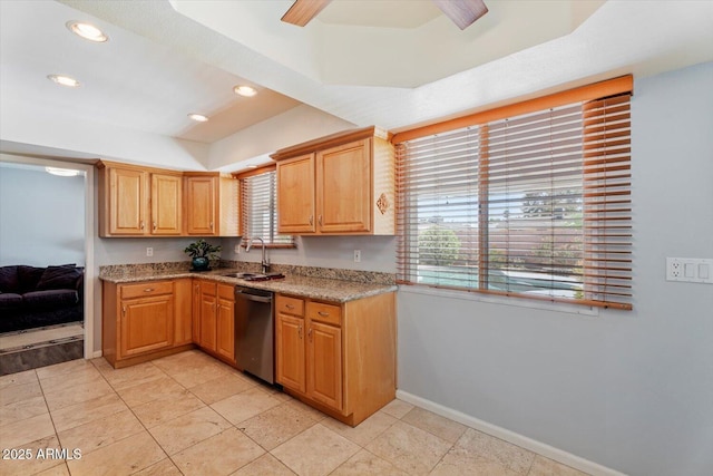 8545 E Heatherbrae Dr, Scottsdale, AZ 85251 - kitchen featuring dishwasher, a sink, plenty of natural light, baseboards, and recessed lighting
