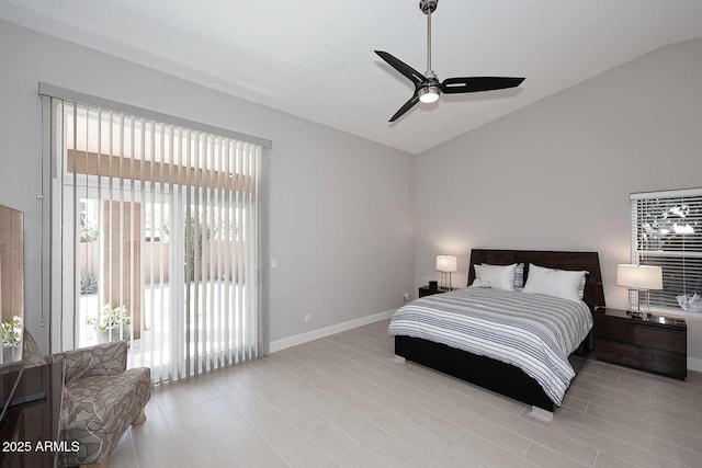 bedroom featuring access to exterior, a ceiling fan, baseboards, and vaulted ceiling