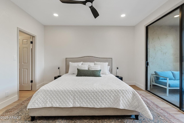 9708 E Via Linda Rd Unit 1350, Scottsdale, AZ 85258 - bedroom featuring recessed lighting, baseboards, access to outside, a ceiling fan, and light wood-type flooring