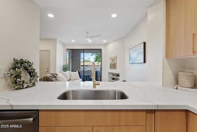 9708 E Via Linda Rd Unit 1350, Scottsdale, AZ 85258 - kitchen featuring open floor plan, stainless steel dishwasher, light stone countertops, recessed lighting, and a ceiling fan