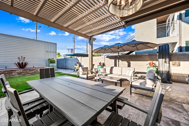 306 W Culver St, Phoenix, AZ 85003 - view of patio / terrace with outdoor dining space, outdoor lounge area, a fenced backyard, and a pergola