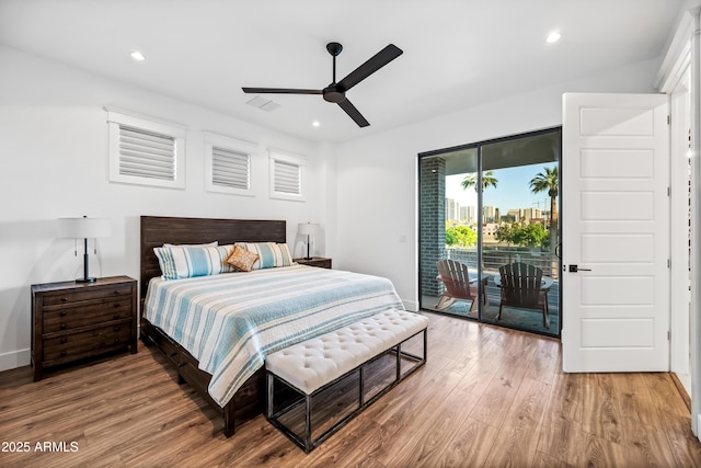 306 W Culver St, Phoenix, AZ 85003 - bedroom with access to outside, wood finished floors, recessed lighting, baseboards, and ceiling fan