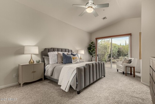 bedroom with access to exterior, ceiling fan, light carpet, and lofted ceiling