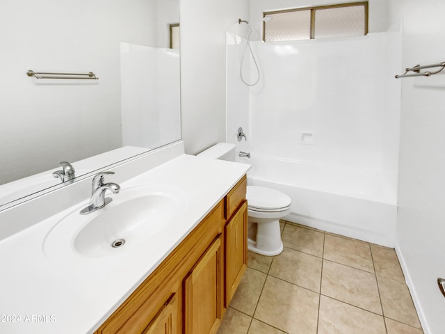 full bathroom with tile patterned flooring, vanity,  shower combination, and toilet