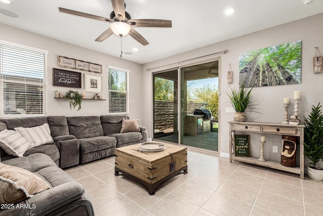 19920 W Monterosa St, Litchfield Park, AZ 85340 - living room with light tile patterned floors, ceiling fan, and recessed lighting