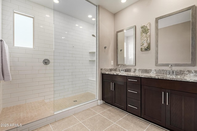 19920 W Monterosa St, Litchfield Park, AZ 85340 - bathroom with recessed lighting, a sink, tile patterned floors, double vanity, and walk in shower