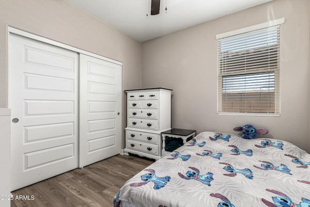 19920 W Monterosa St, Litchfield Park, AZ 85340 - bedroom featuring a closet, wood finished floors, and a ceiling fan