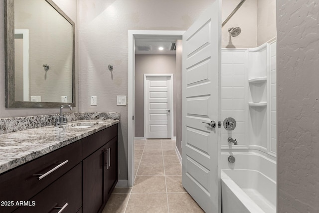 19920 W Monterosa St, Litchfield Park, AZ 85340 - full bathroom featuring a textured wall, bathtub / shower combination, visible vents, vanity, and tile patterned floors