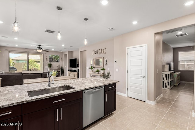 19920 W Monterosa St, Litchfield Park, AZ 85340 - kitchen with visible vents, dishwasher, open floor plan, hanging light fixtures, and a sink