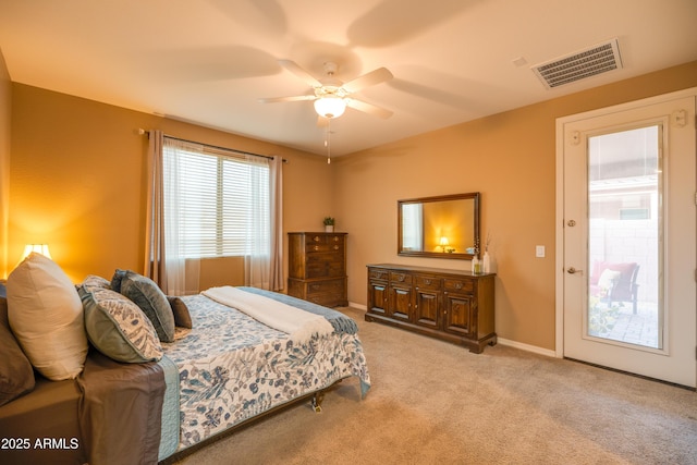 20742 E Mockingbird Dr, Queen Creek, AZ 85142 - bedroom featuring light colored carpet, ceiling fan, baseboards, and visible vents