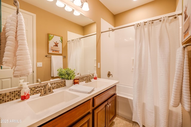 20742 E Mockingbird Dr, Queen Creek, AZ 85142 - bathroom with shower / bath combination with curtain, backsplash, a sink, and double vanity
