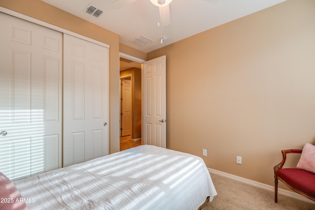 20742 E Mockingbird Dr, Queen Creek, AZ 85142 - carpeted bedroom featuring baseboards, visible vents, a closet, and ceiling fan