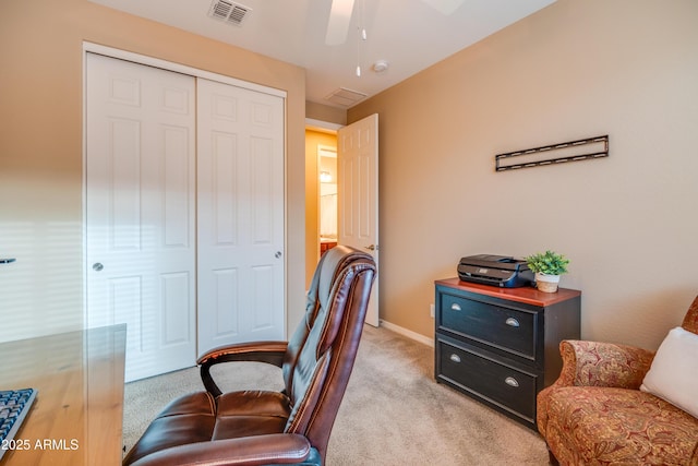 20742 E Mockingbird Dr, Queen Creek, AZ 85142 - office featuring ceiling fan, baseboards, visible vents, and light colored carpet