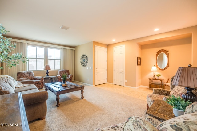 20742 E Mockingbird Dr, Queen Creek, AZ 85142 - living area featuring light tile patterned floors, light colored carpet, baseboards, visible vents, and recessed lighting