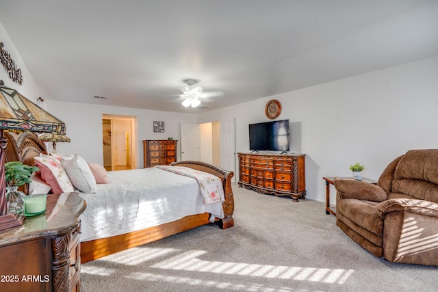 bedroom with ceiling fan and carpet