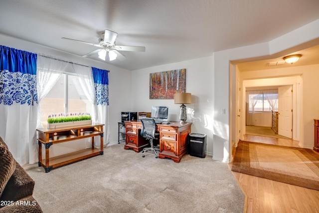 office area featuring ceiling fan and carpet flooring