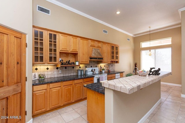 kitchen featuring decorative backsplash, a kitchen island with sink, white electric range, custom range hood, and light tile patterned floors