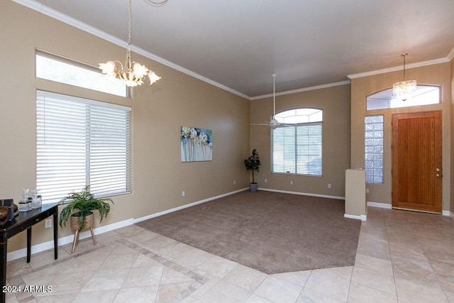 entrance foyer with crown molding, light tile patterned floors, and ceiling fan with notable chandelier