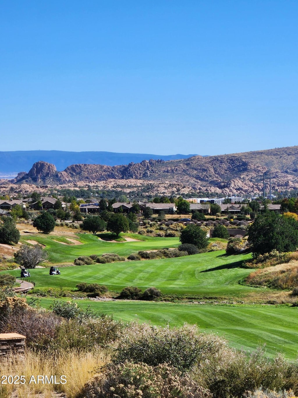 view of property's community with a yard, a mountain view, and view of golf course