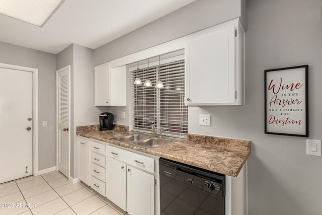 kitchen featuring dishwasher, light tile patterned flooring, a sink, and white cabinets