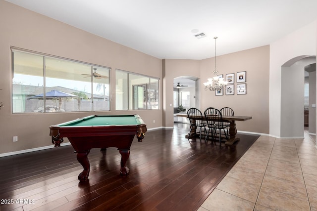 recreation room featuring ceiling fan, wood-type flooring, billiards, and a healthy amount of sunlight