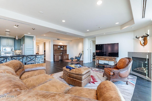 living room featuring a raised ceiling and hardwood / wood-style flooring