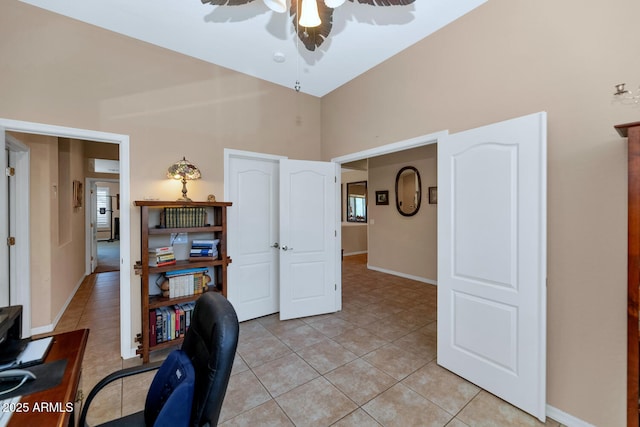 6133 W Fetlock Ter, Phoenix, AZ 85083 - office area with a ceiling fan, a towering ceiling, light tile patterned floors, and baseboards