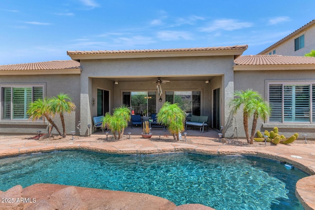 6133 W Fetlock Ter, Phoenix, AZ 85083 - swimming pool with a patio area, outdoor lounge area, and a ceiling fan