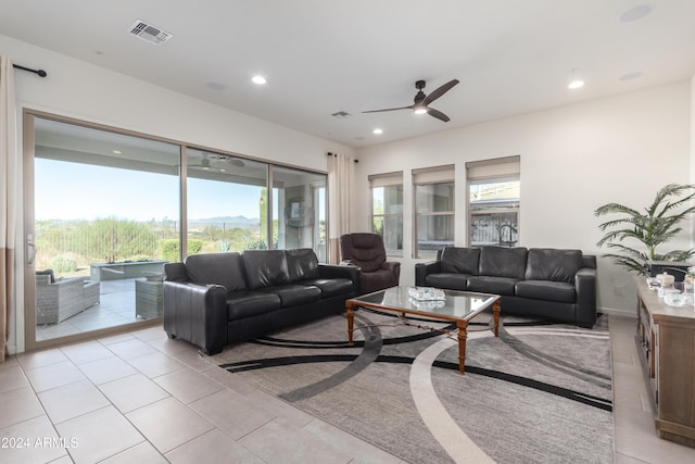 17756 E Silver Sage Ln, Rio Verde, AZ 85263 - living room featuring a ceiling fan, light tile patterned floors, and recessed lighting