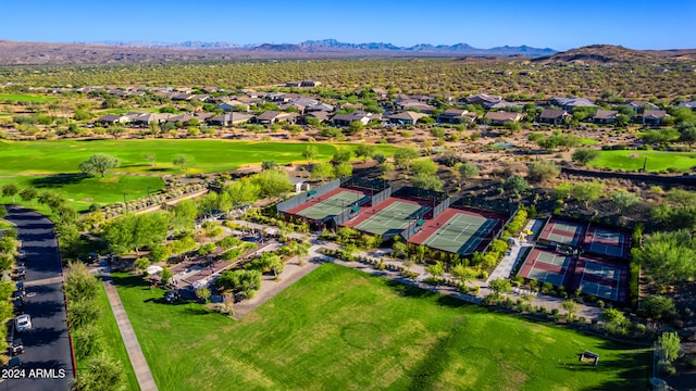 drone / aerial view featuring a mountain view