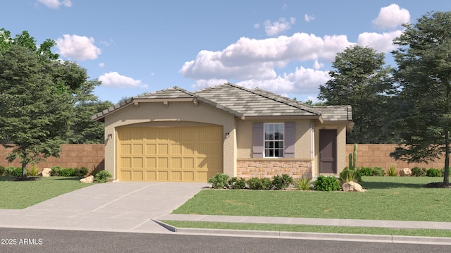 view of front of home featuring fence, a front lawn, stucco siding, concrete driveway, and a garage