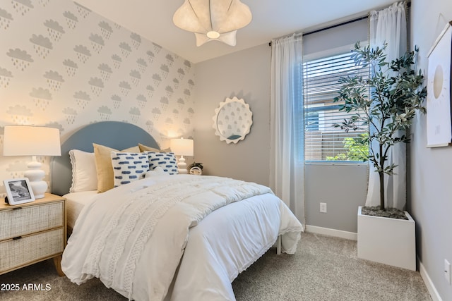bedroom with baseboards, carpet flooring, multiple windows, and wallpapered walls