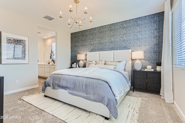 carpeted bedroom with baseboards, visible vents, a chandelier, and multiple windows