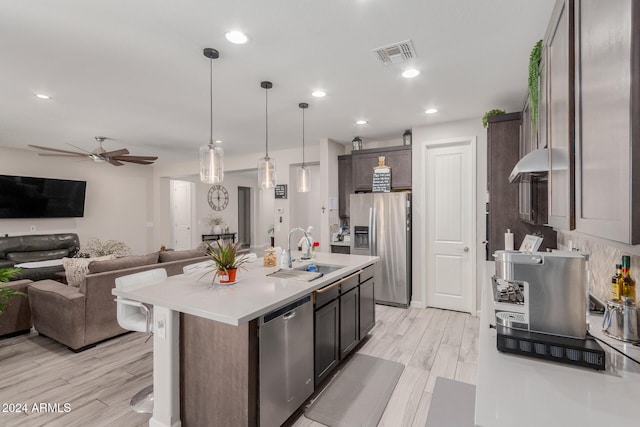 kitchen featuring appliances with stainless steel finishes, sink, pendant lighting, a center island with sink, and light hardwood / wood-style flooring